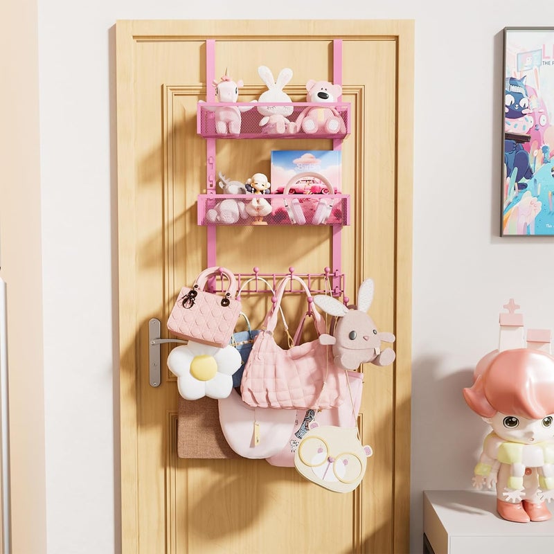Consumest Over The Door Hooks Organizer - Extra Long Door Hanger with 9 Coat Hooks & 2 Mesh Basket, Back Storage Organizer Hanging Towels for Bathroom, Bedroom - Pink (for 1.76 in Doors) - Image 5